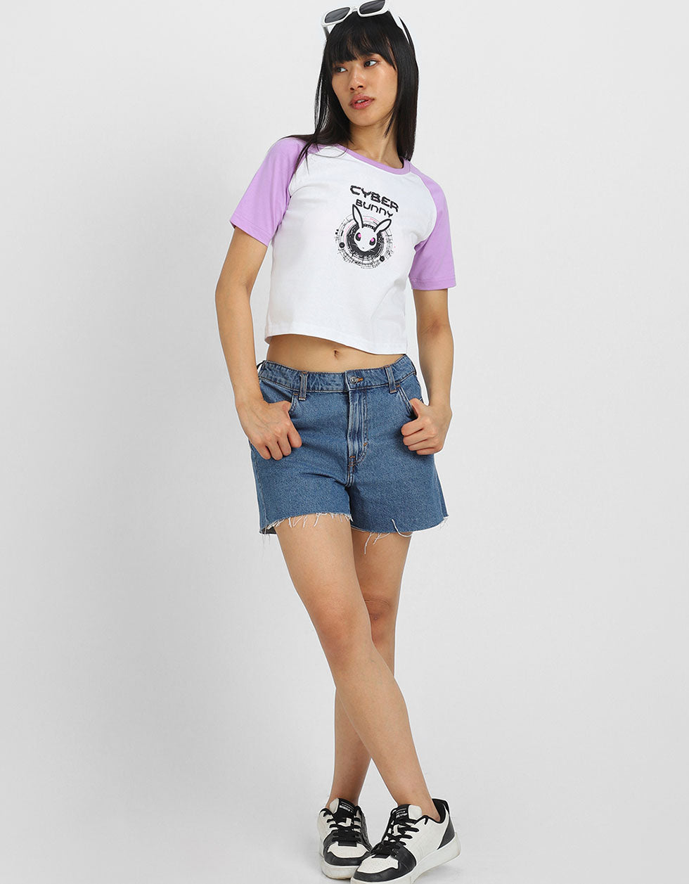 Cyber Bunny White Graphic Printed Crop-Top