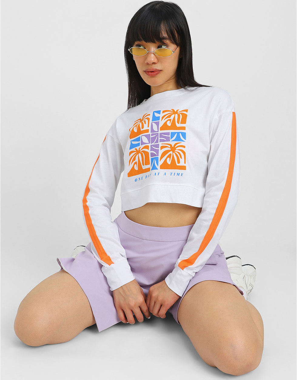 One Day White Graphic Printed Crop-Top