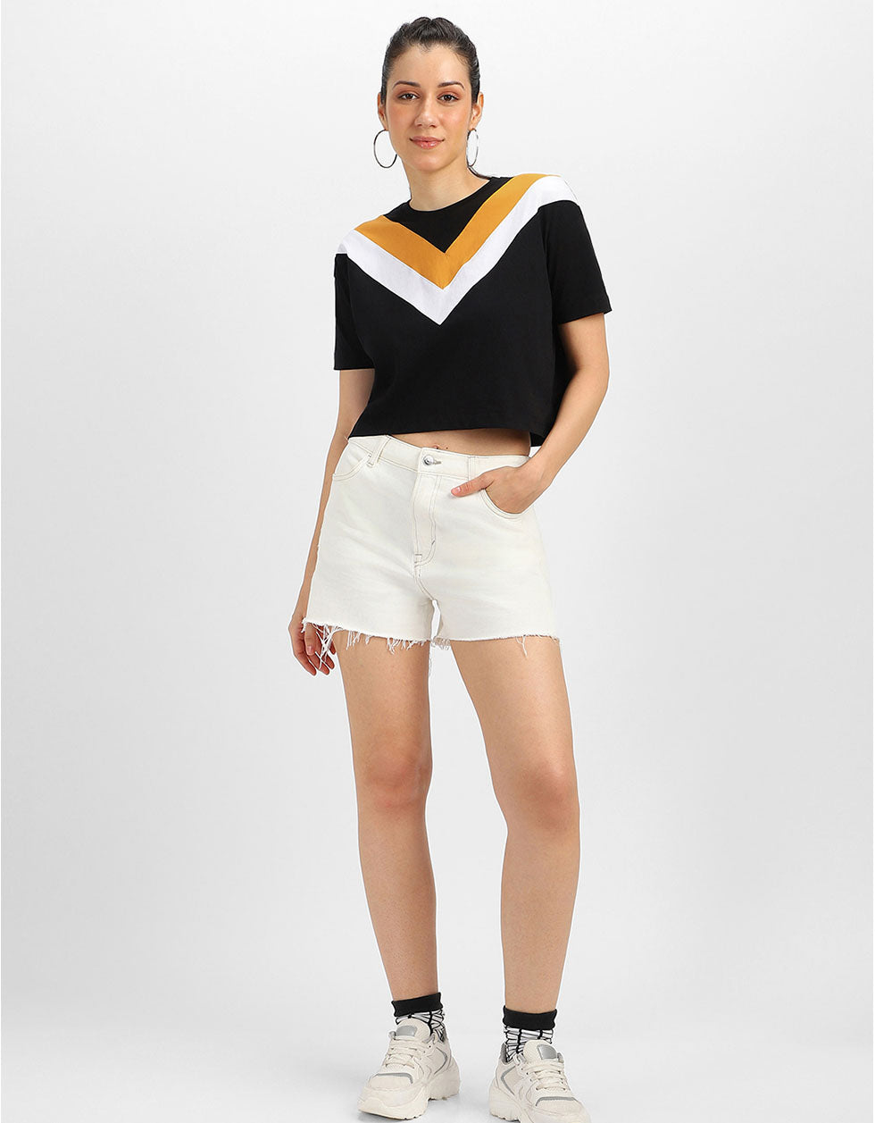 Black Yellow White Graphic Printed Crop-Top