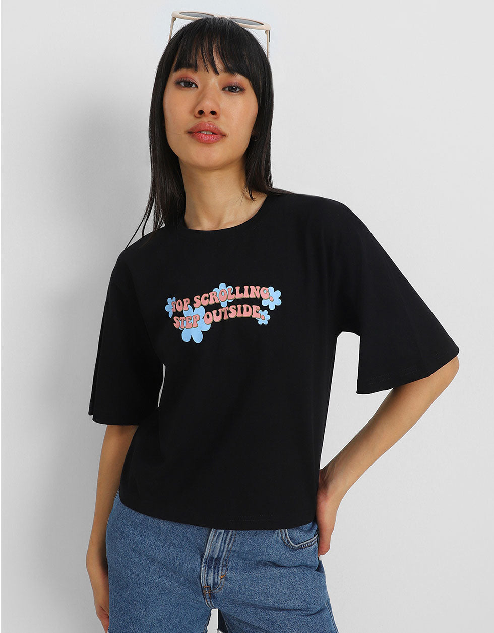 Stop Scrolling Black Graphic Printed Crop-Top