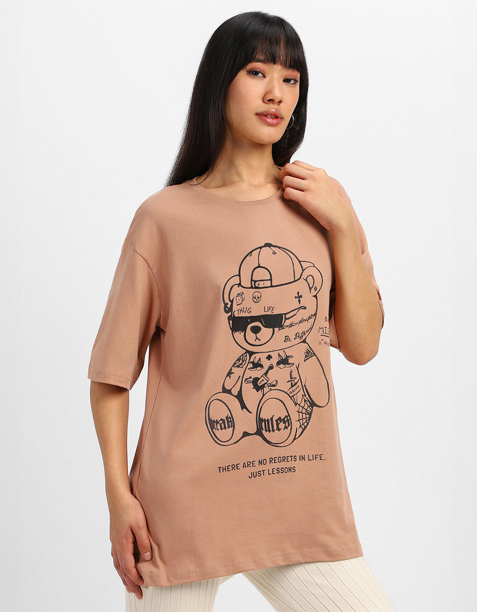 Break Rules Beige Graphic Printed Oversized T-Shirt