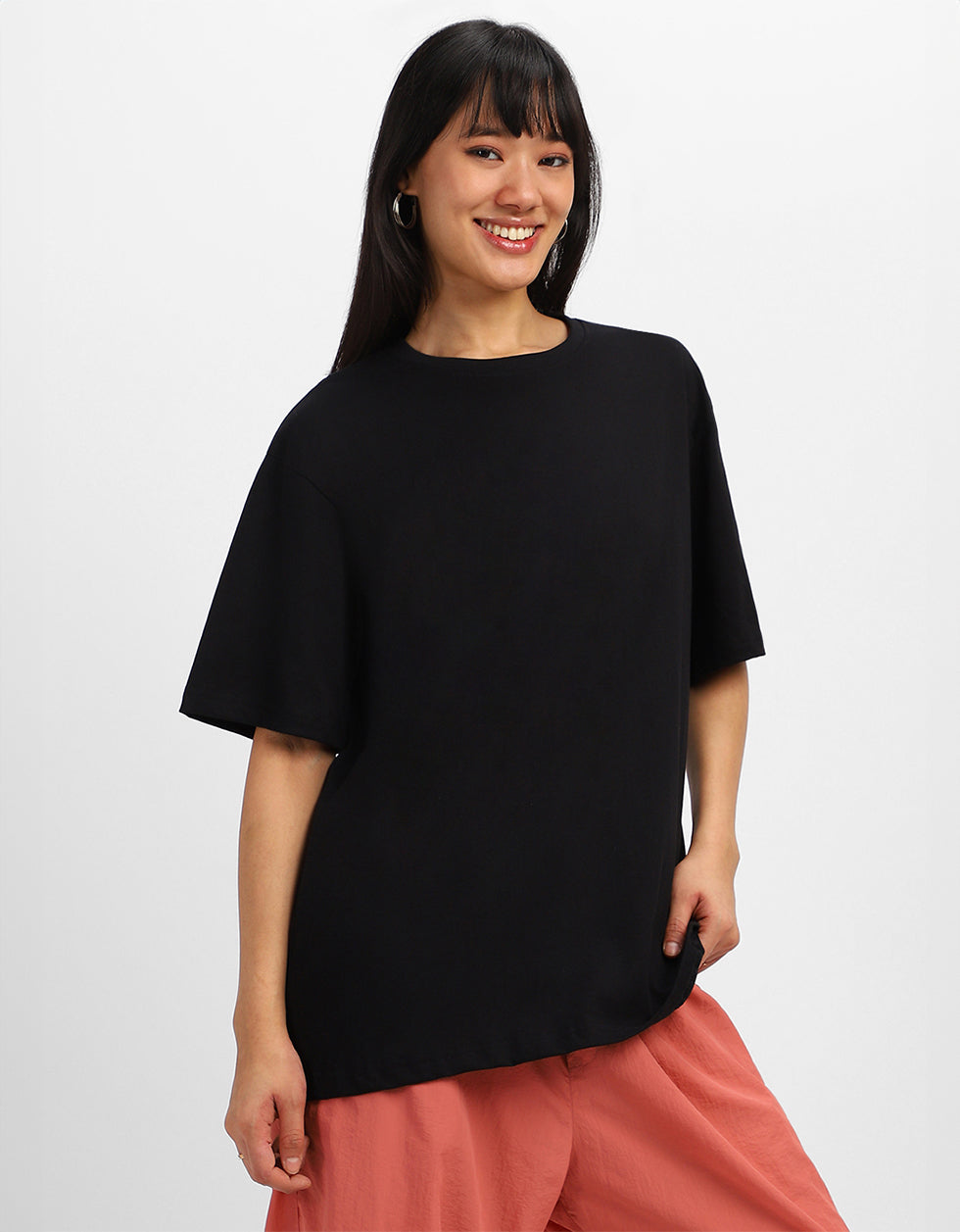 Let Happiness Bloom Black Graphic Printed Oversized T-Shirt