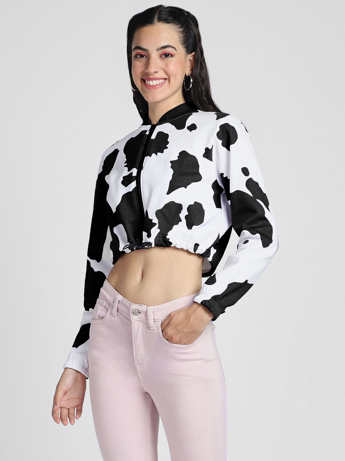 Cow Print Regular Fit White Zipper Crop Jacket