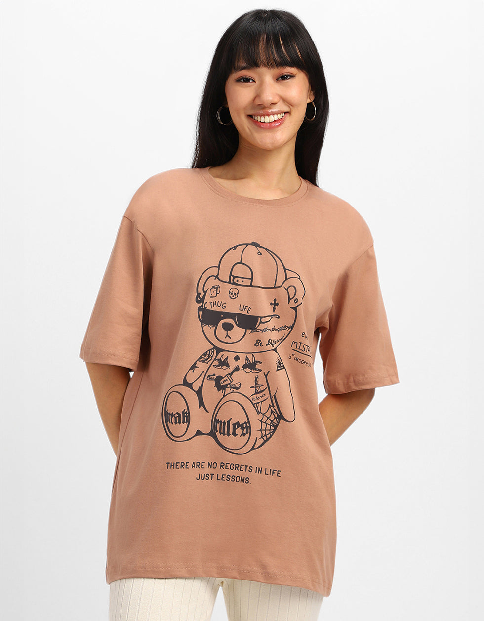 Break Rules Beige Graphic Printed Oversized T-Shirt