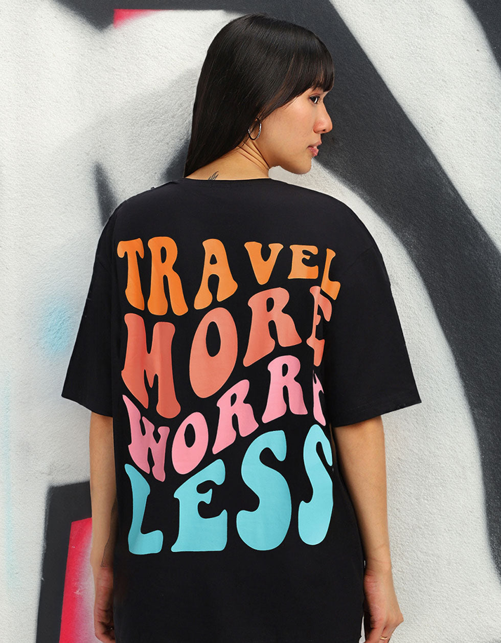 Travel More Black Graphic Printed Oversized T-Shirt