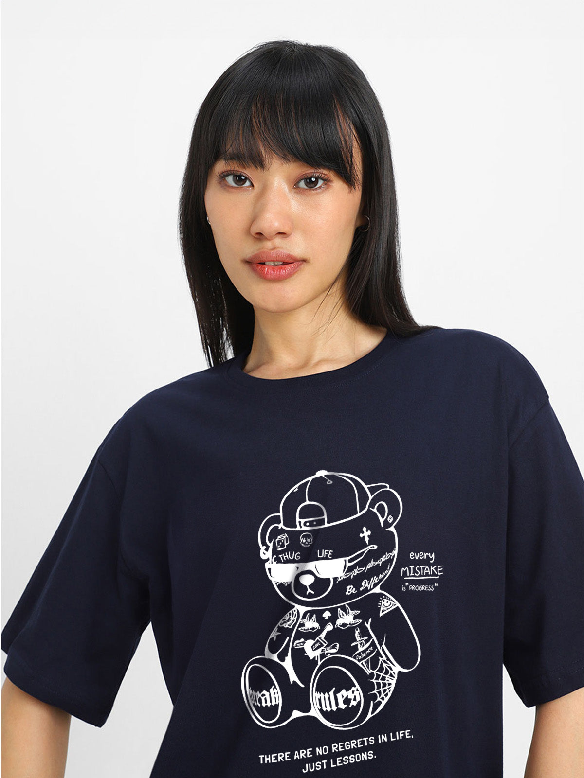 Break Rules Navy Graphic Printed Oversized T-Shirt
