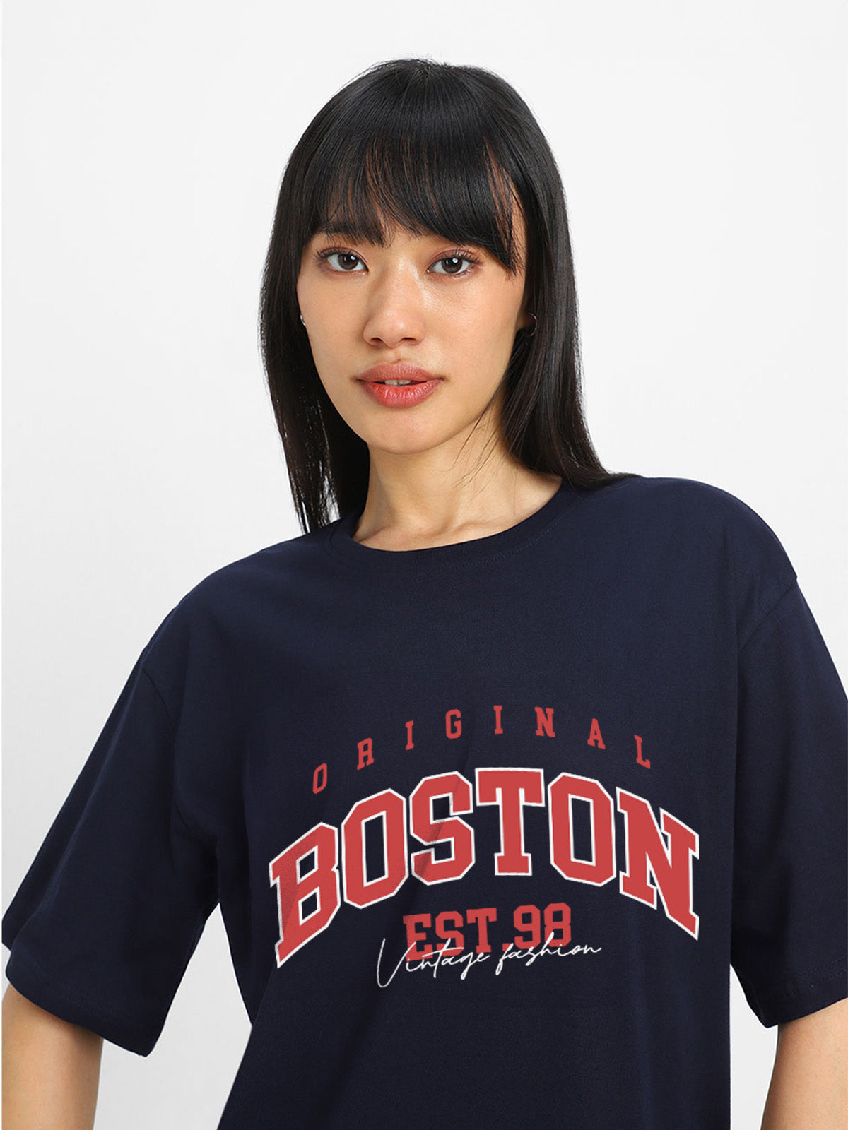 Boston Navy Graphic Printed Oversized T-Shirt