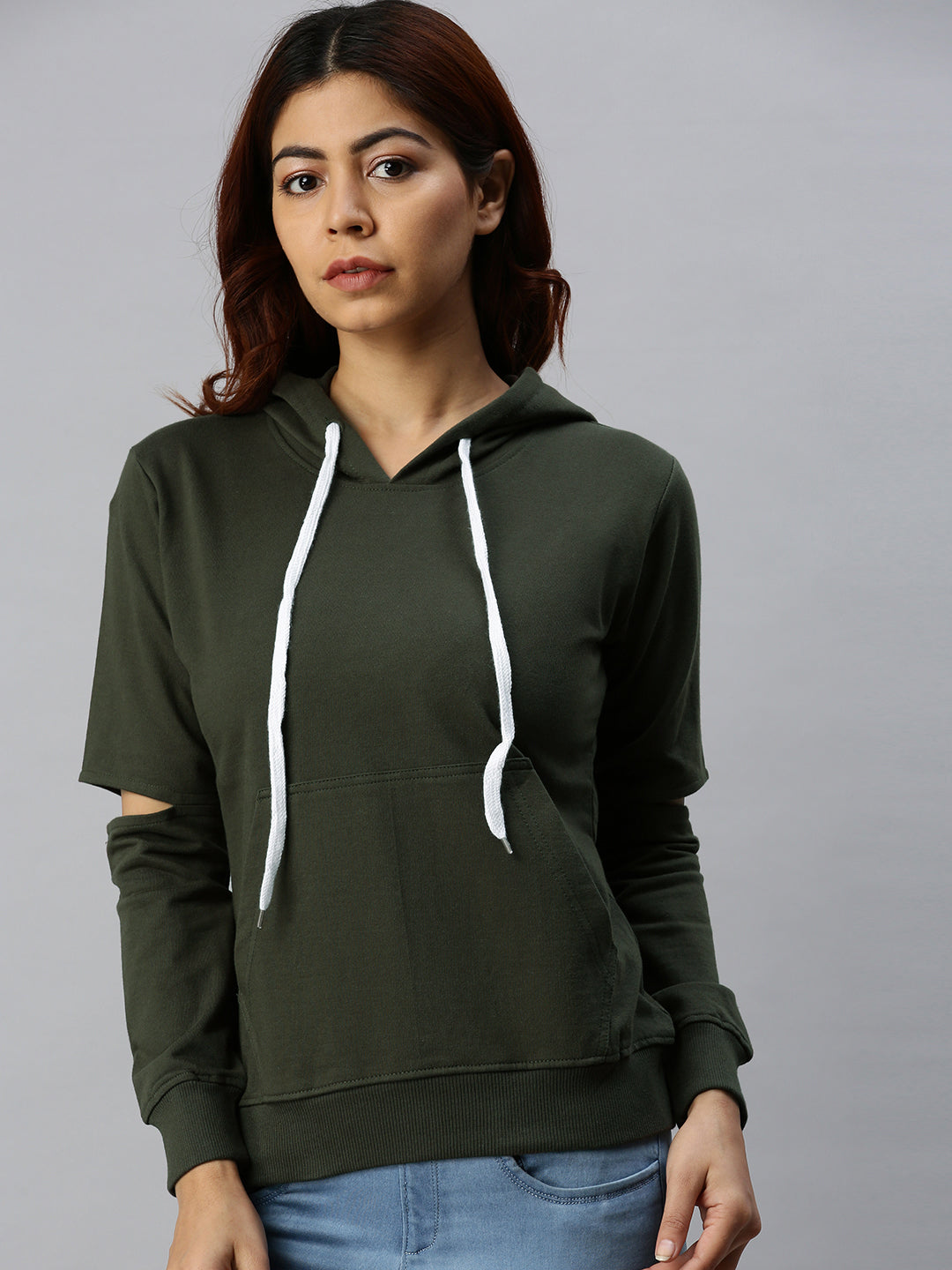 Plain Olive Elbow-Cut Regular Fit Hoodie