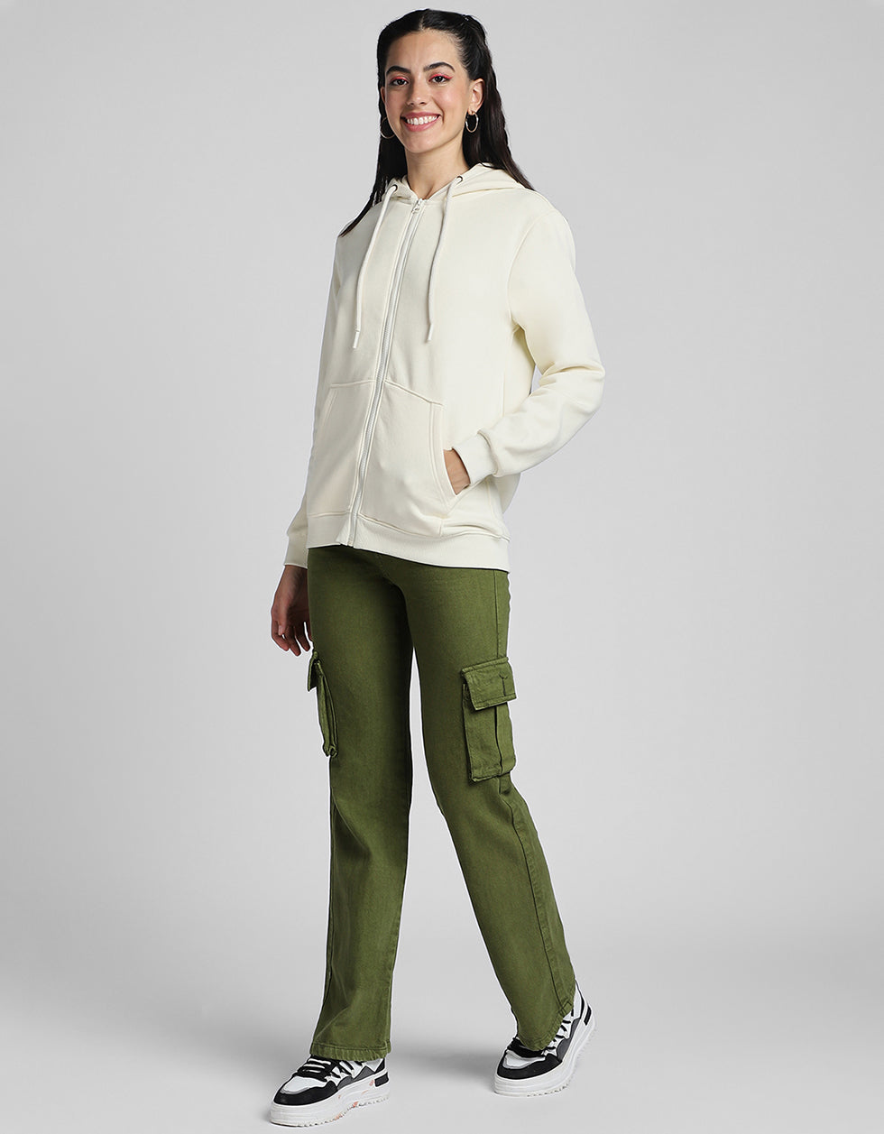 Plain Hooded Regular Fit Off White Zipper Jacket
