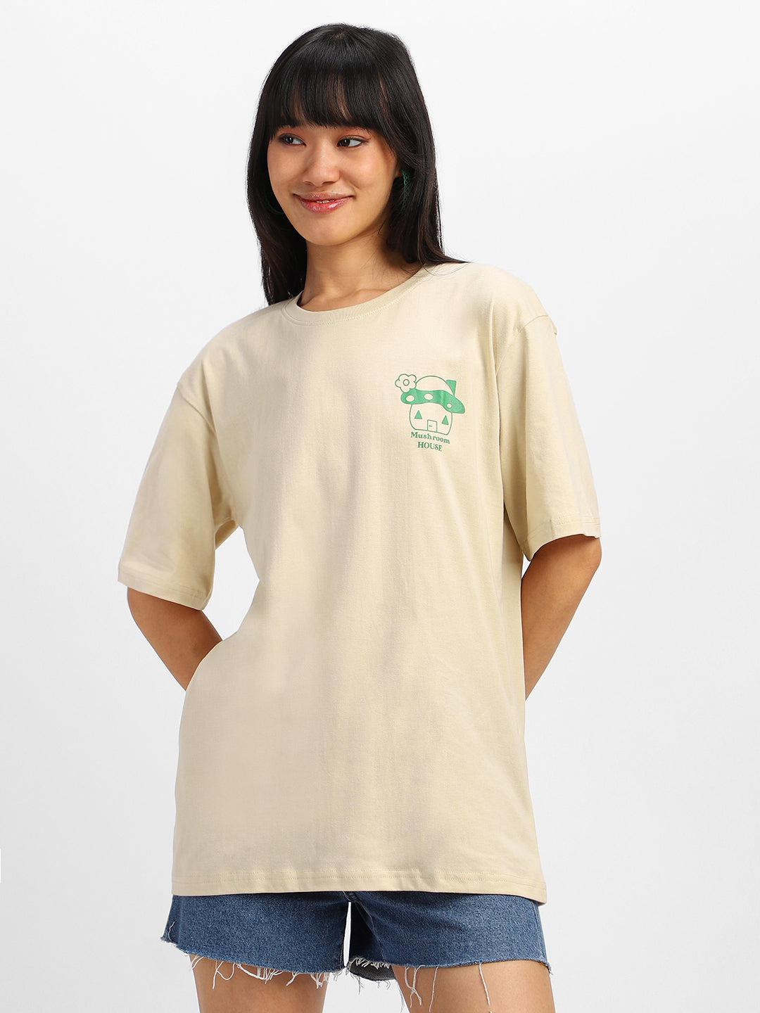 Mushroom Swan White Graphic Printed Oversized T-Shirt