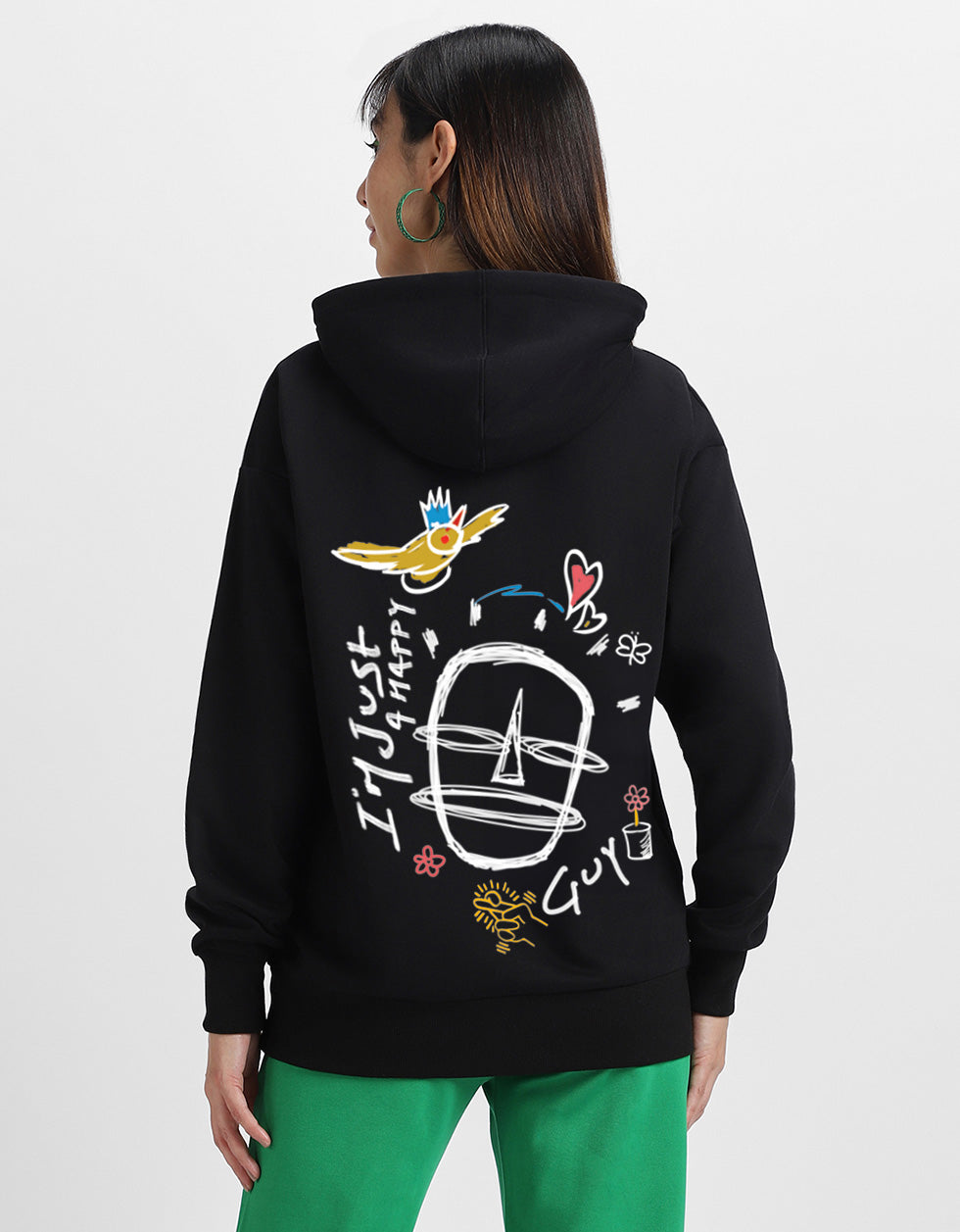 Happy Guy Black Regular Fit Back Printed Hoodie