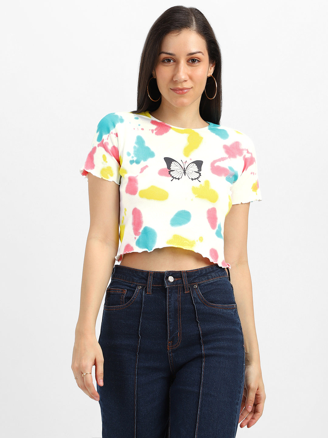 Butterfly White Tie-Dye Printed Crop-Top