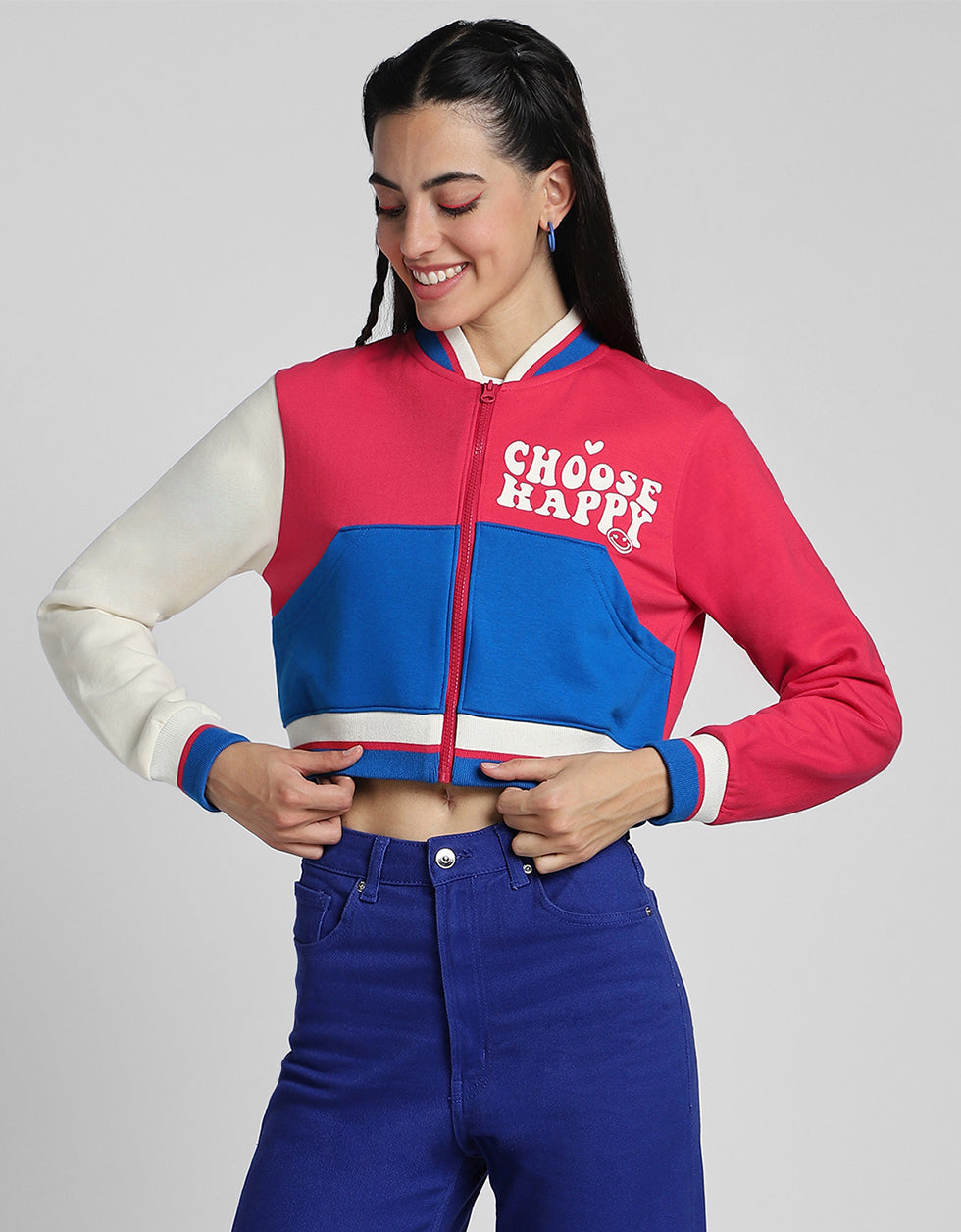 Choose Happy Printed Multicolor Color Blocked Regular Fit Zipper Hoodie