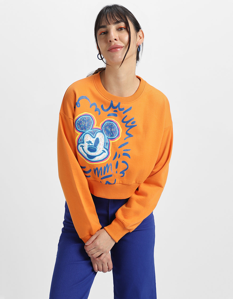 Mickey Mouse Graphic Printed Orange Oversized Sweatshirt