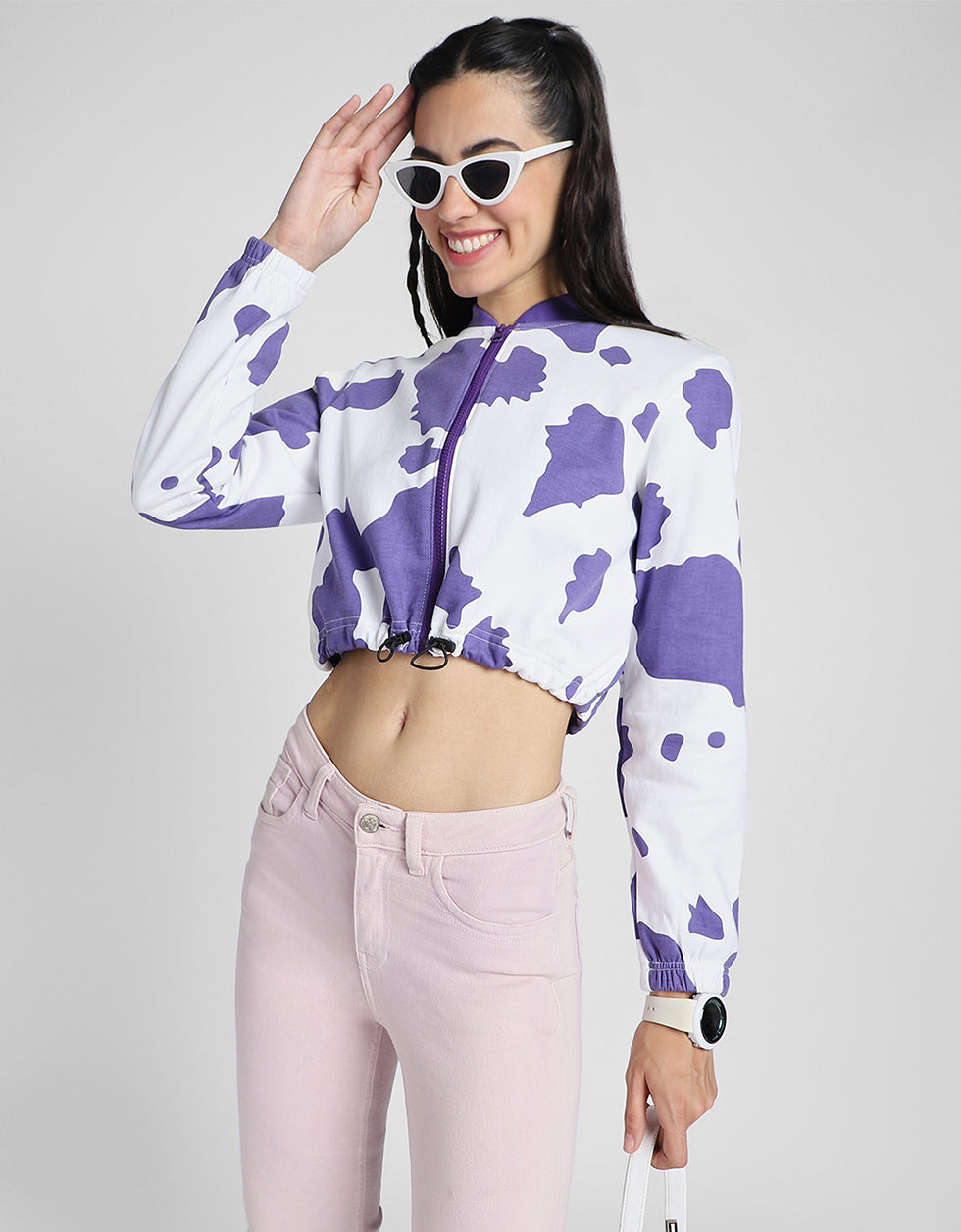 Cow Print Regular Fit Purple Zipper Crop Jacket