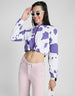 Cow Print Regular Fit Purple Zipper Crop Jacket