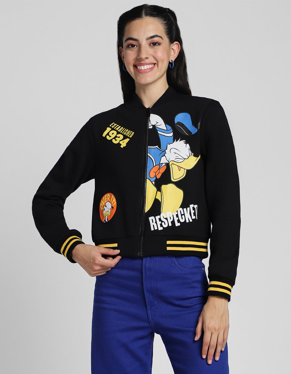 Donald Duck Graphic Printed Regular Fit Black Zipper Jacket