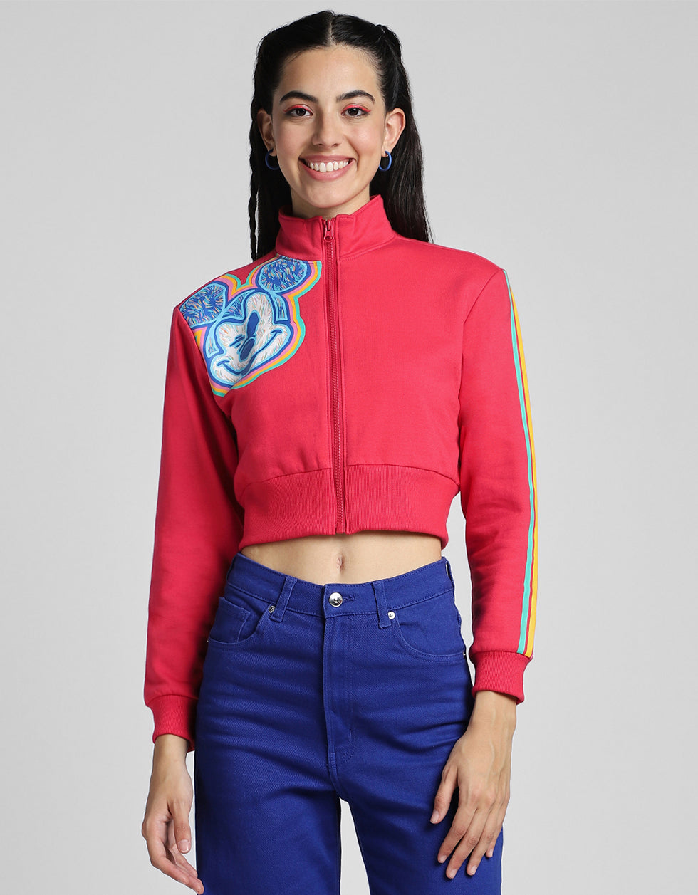 Mickey Mouse Printed Regular Fit Magenta Crop Jacket