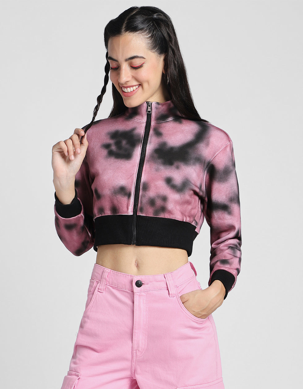 Babe Printed Tie-Dye Regular Fit Purple Zipper Crop Jacket