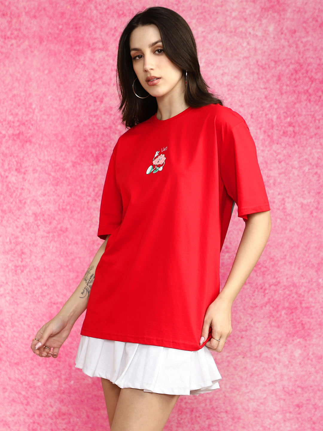Stay Curious Red Oversized Typographic T-Shirt