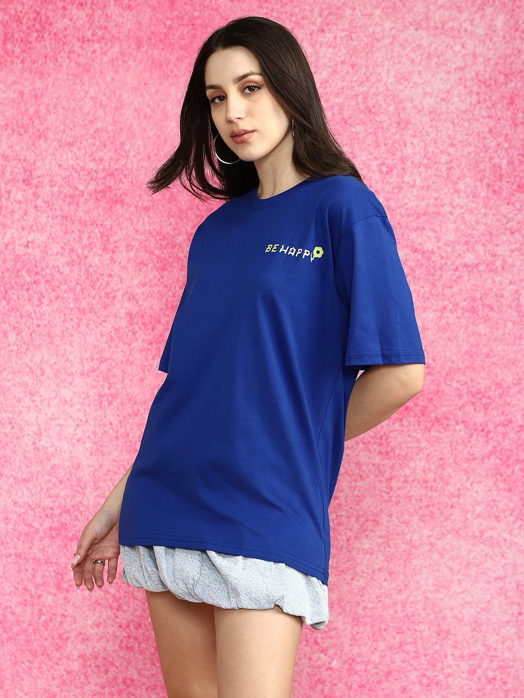 Be Happy Royal Blue Oversized Fit Graphic T-Shirt