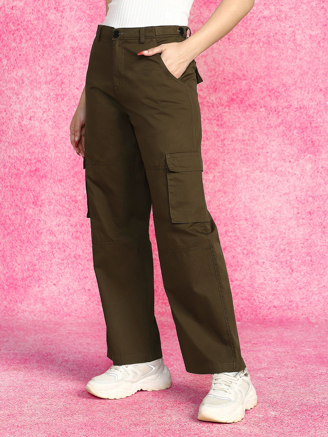 Brown Structured 5 Pocket Straight Fit Woven Cargo