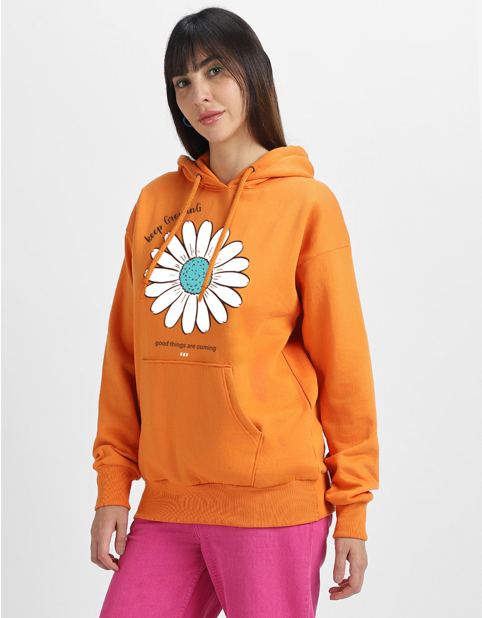 Keep Growing Graphic Printed Orange Oversized Hoodie