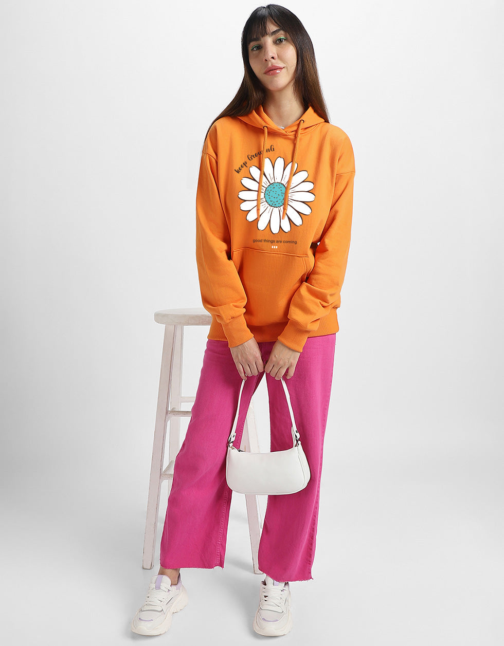 Keep Growing Graphic Printed Orange Oversized Hoodie