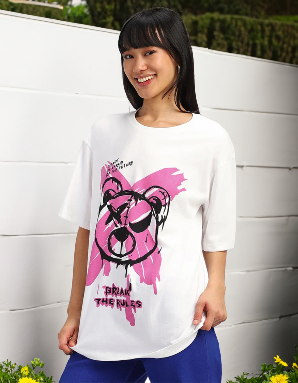 Break Rules White Graphic Printed Oversized T-Shirt