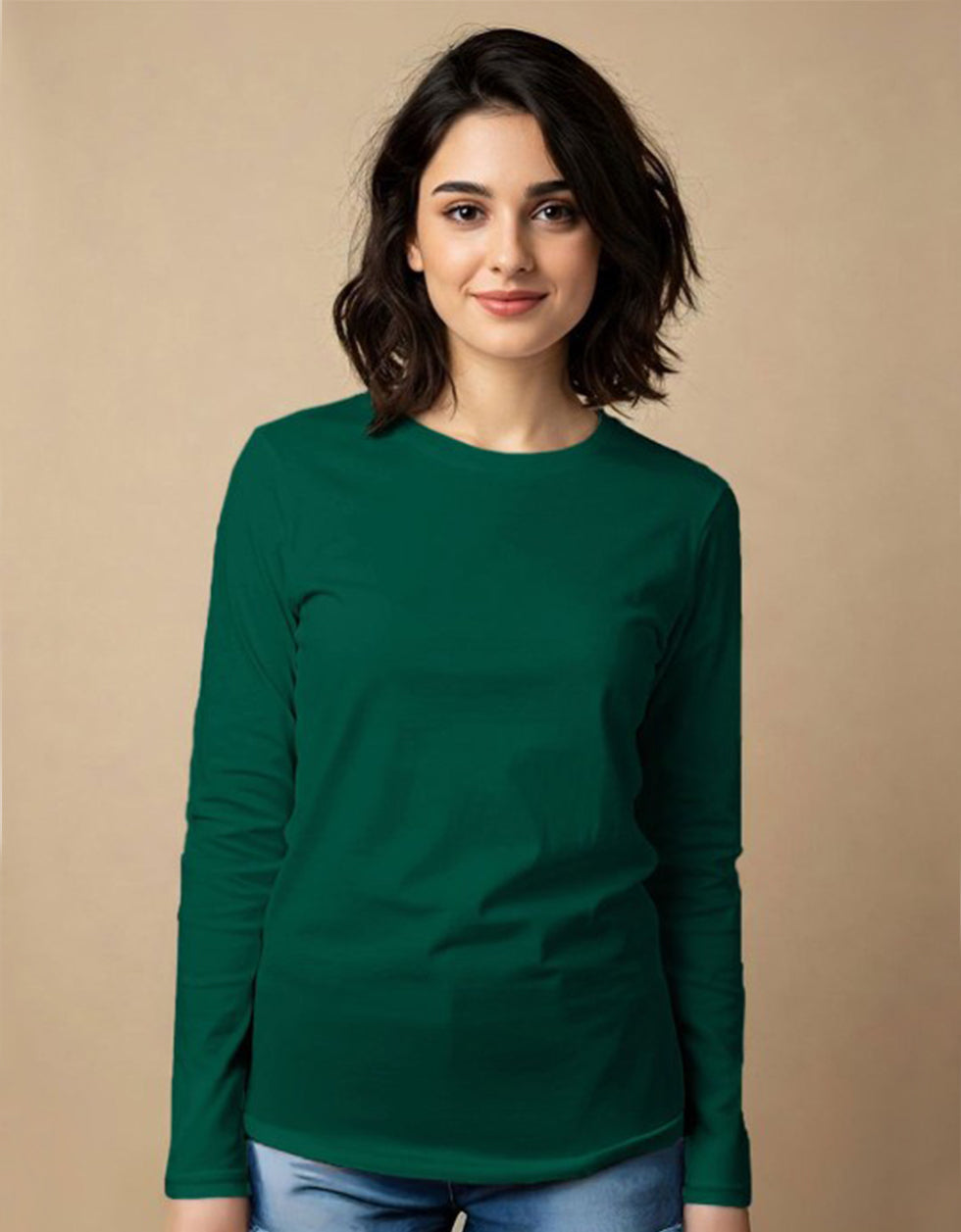 Green Plain Full Sleeve Regular Fit T-Shirt