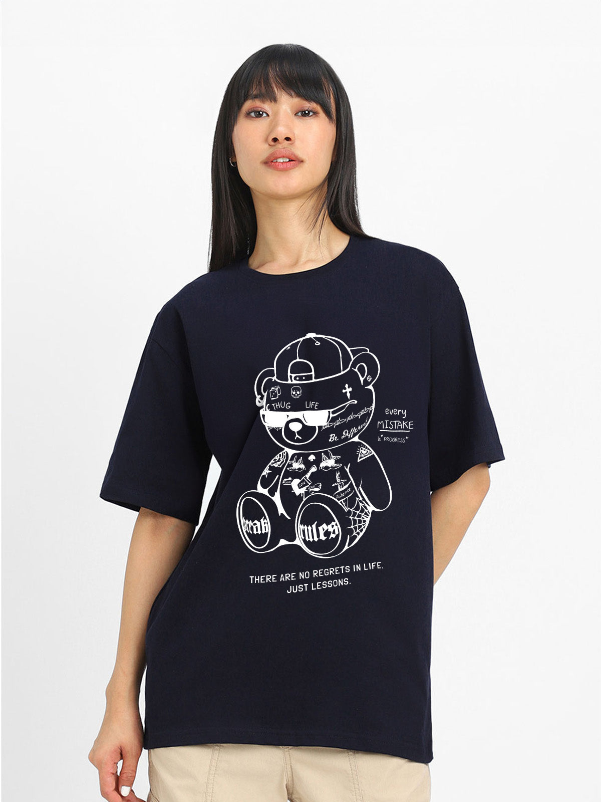 Break Rules Navy Graphic Printed Oversized T-Shirt