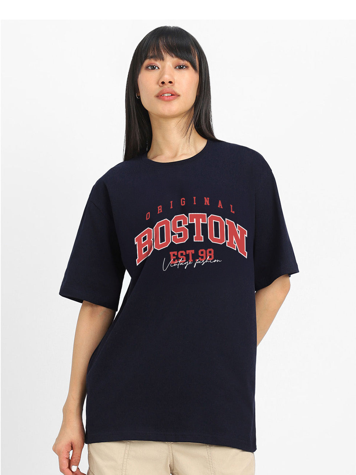 Boston Navy Graphic Printed Oversized T-Shirt