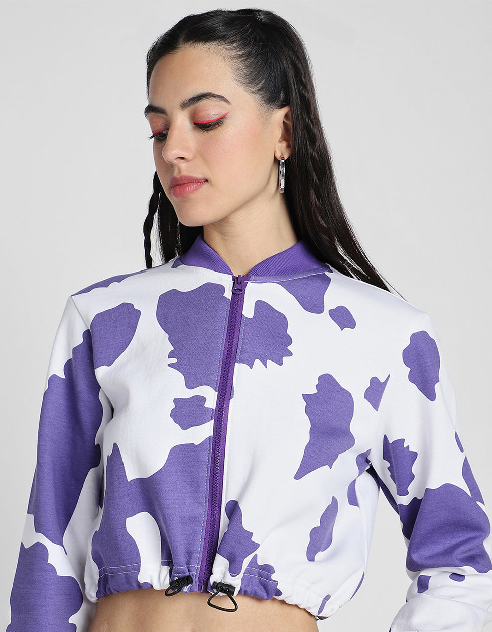 Cow Print Regular Fit Purple Zipper Crop Jacket
