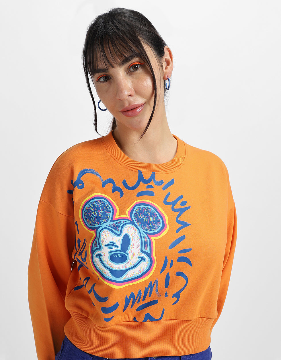 Mickey Mouse Graphic Printed Orange Oversized Sweatshirt