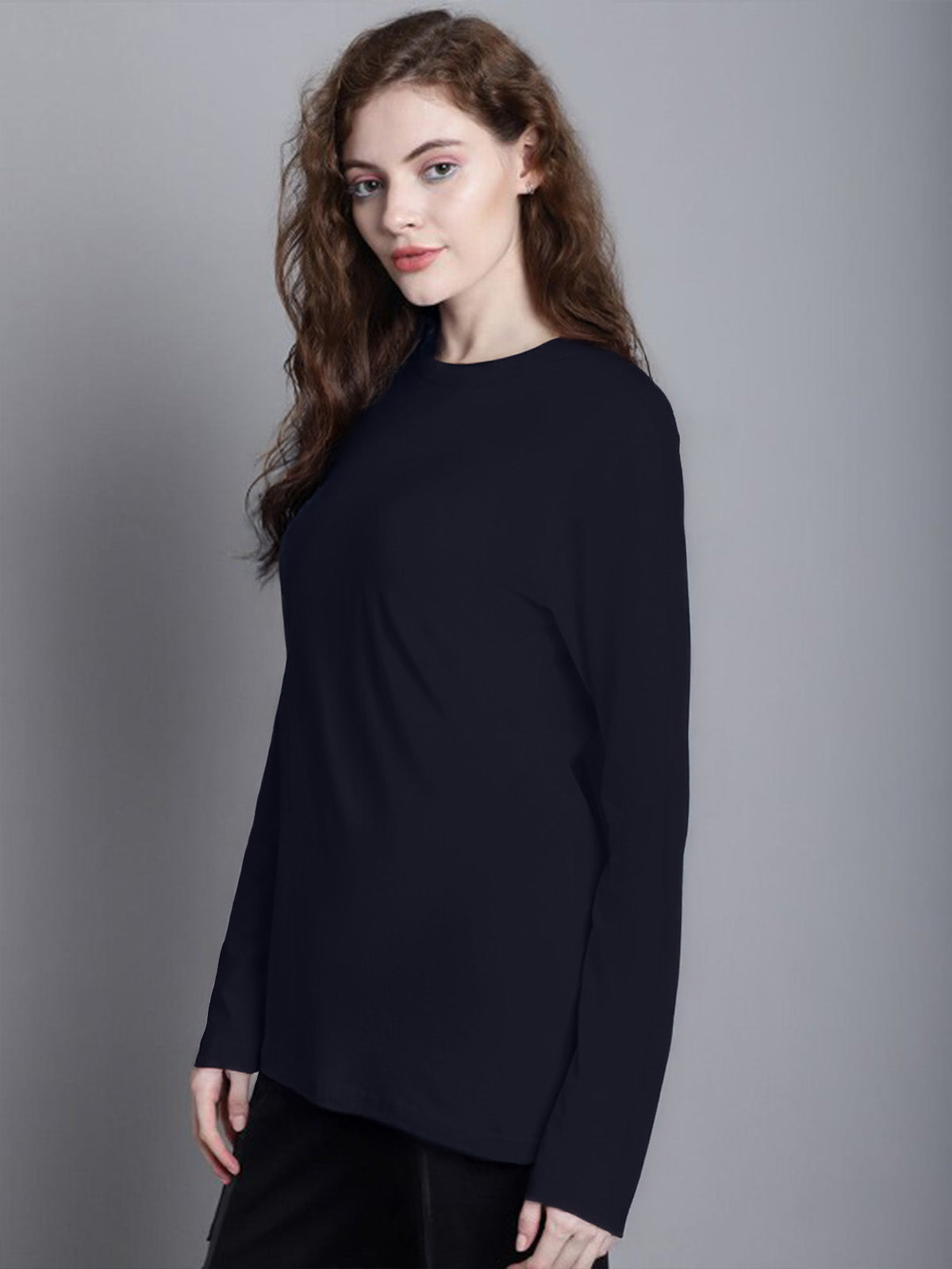 Navy Plain Full Sleeve Regular Fit T-Shirt