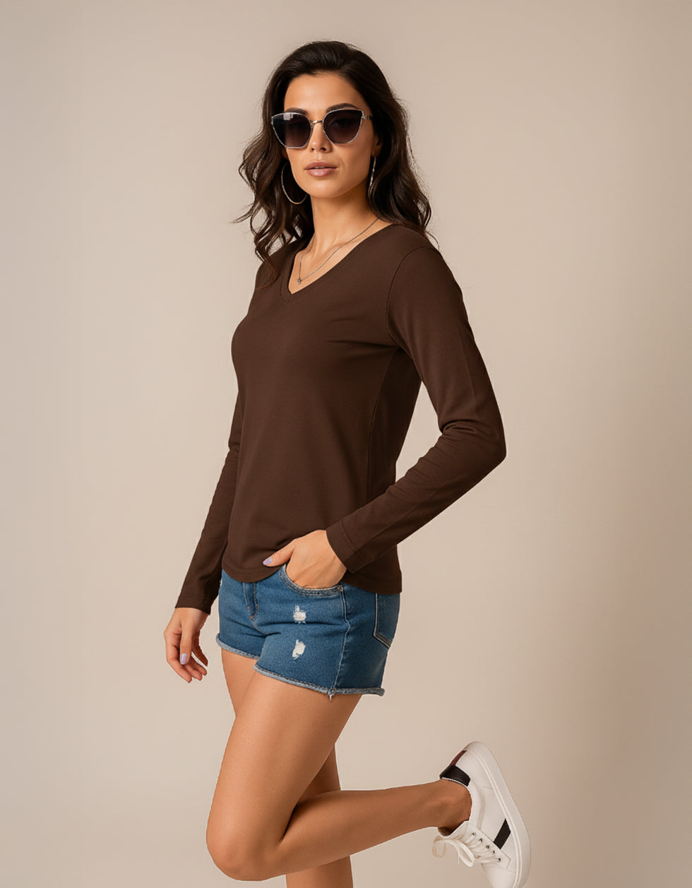 Brown V-Neck Plain Full Sleeve Regular Fit T-Shirt