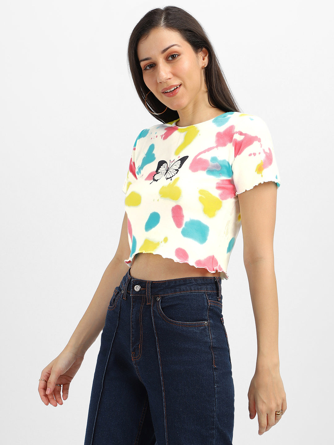 Butterfly White Tie-Dye Printed Crop-Top