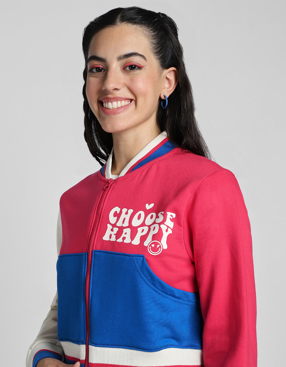 Choose Happy Printed Multicolor Color Blocked Regular Fit Zipper Hoodie