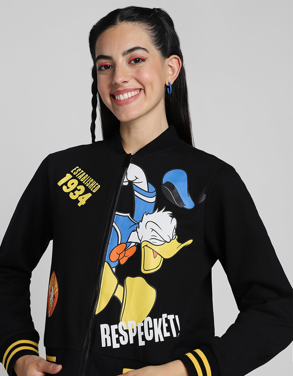 Donald Duck Graphic Printed Regular Fit Black Zipper Jacket