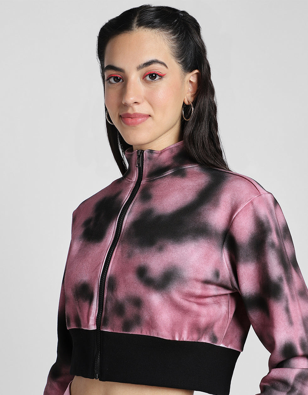 Babe Printed Tie-Dye Regular Fit Purple Zipper Crop Jacket