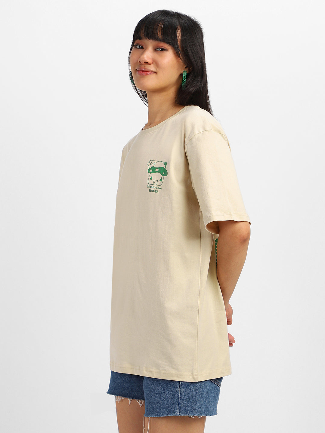 Mushroom Swan White Graphic Printed Oversized T-Shirt