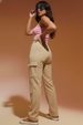 Beige Active Wear 4 Pocket Knitted Cargo Track Pant