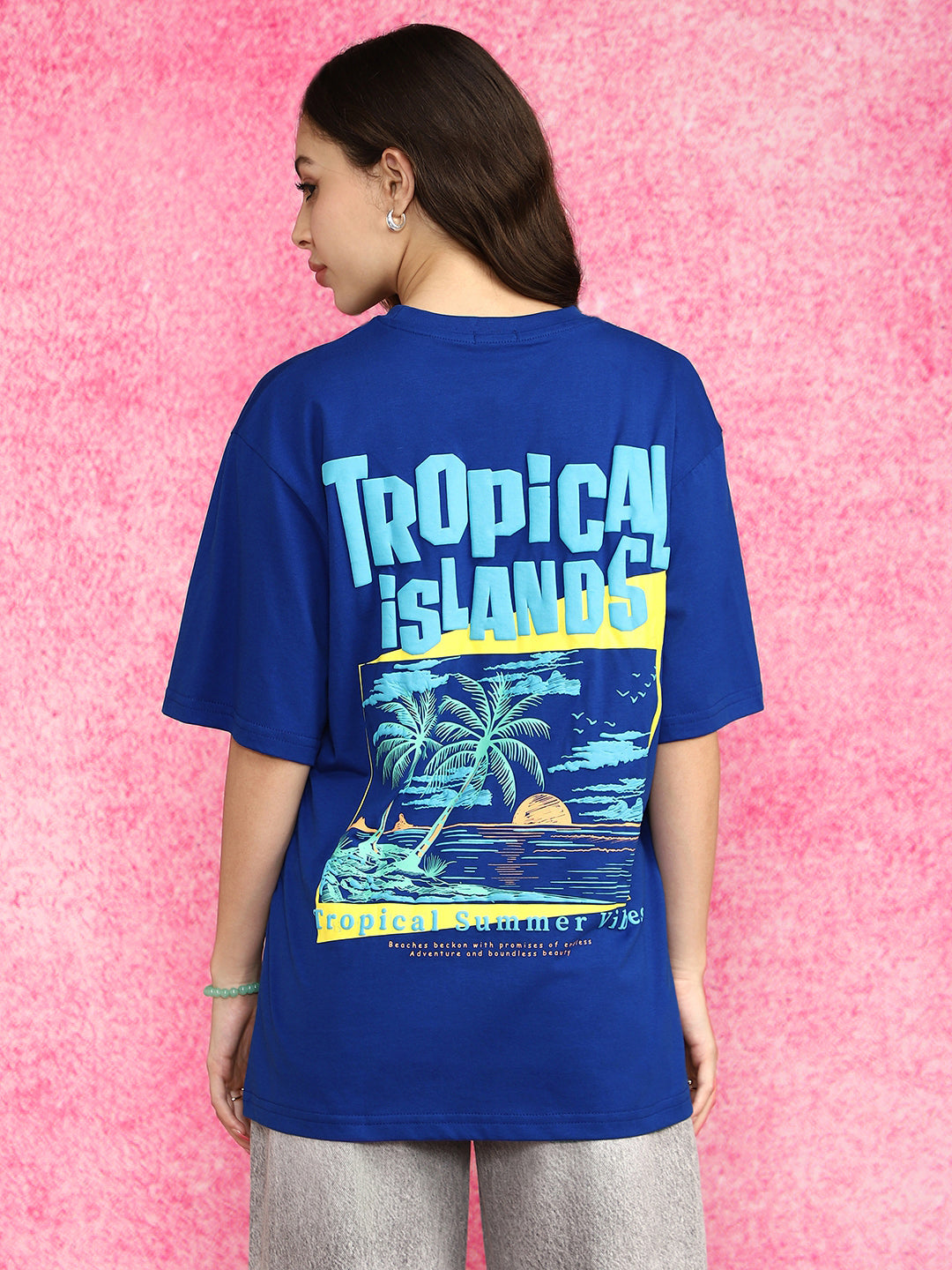Tropical Island Royal Blue Oversized Fit Puff Printed T-Shirt