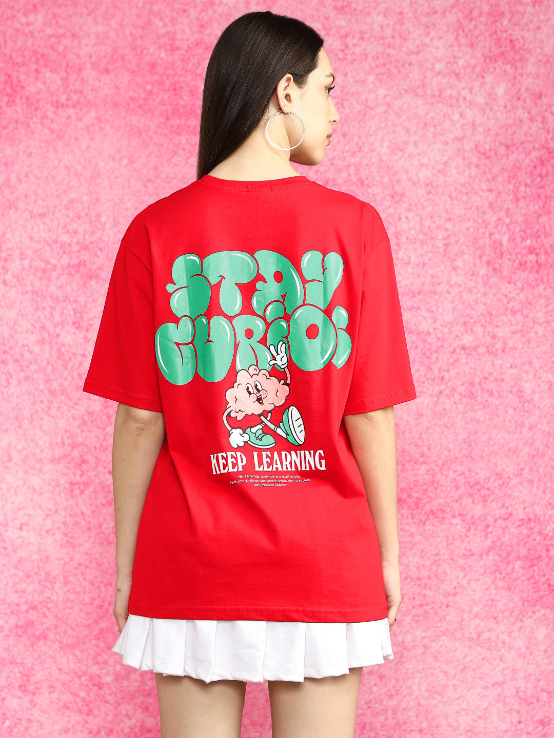 Stay Curious Red Oversized Typographic T-Shirt
