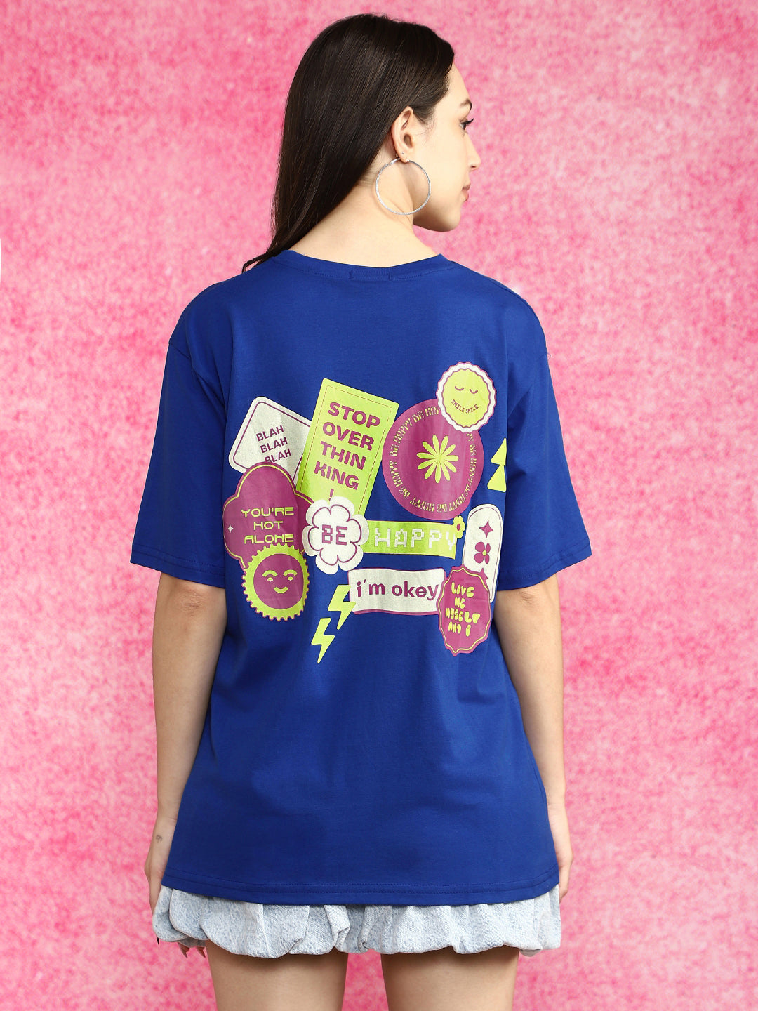 Be Happy Royal Blue Oversized Fit Graphic T-Shirt