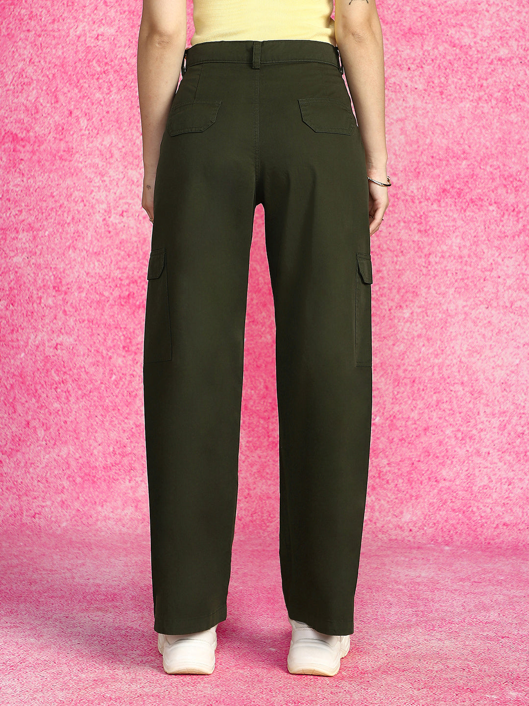 Olive Green Plain 5 Pocket Straight Fit Woven Cargo