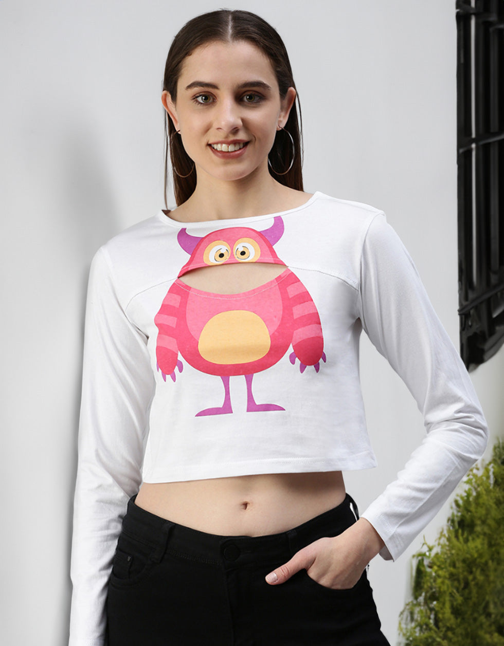 Owl White Graphic Printed Crop-Top