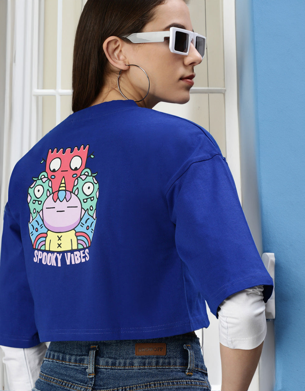 Spooky Vibes Blue Graphic Printed Regular Fit Crop Top