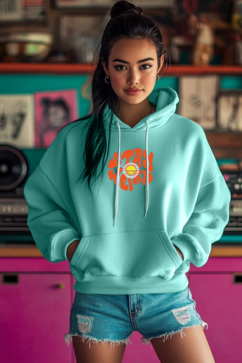 Stay Weird Graphic Printed Green Oversized Hoodie