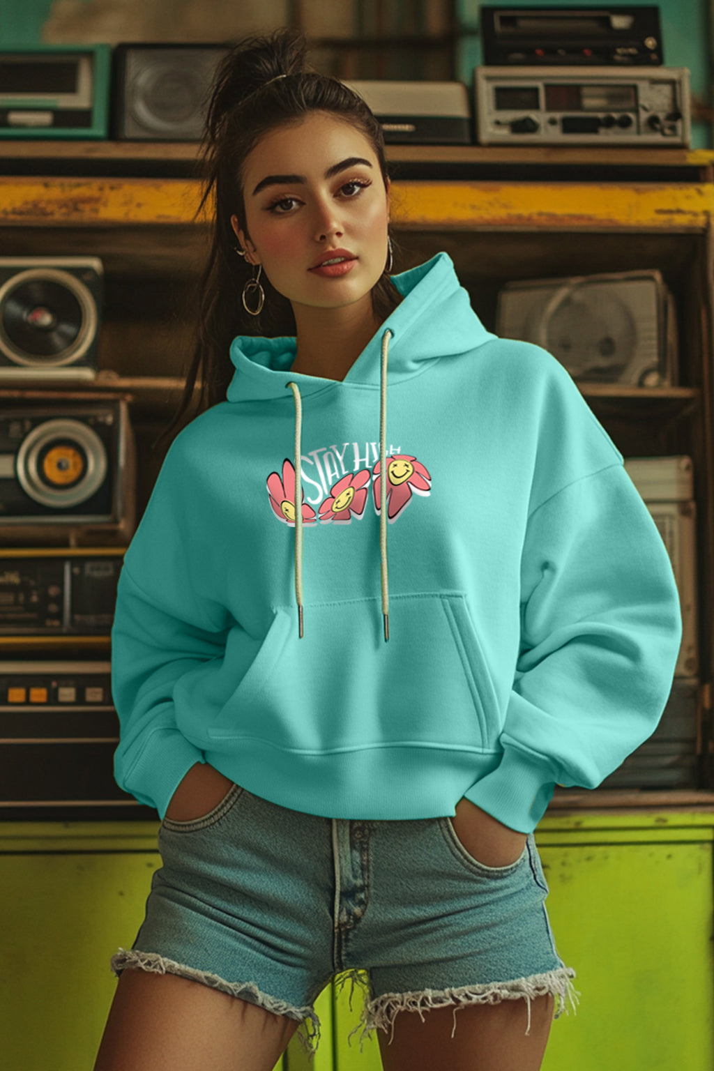 Stay High Graphic Printed Green Oversized Hoodie